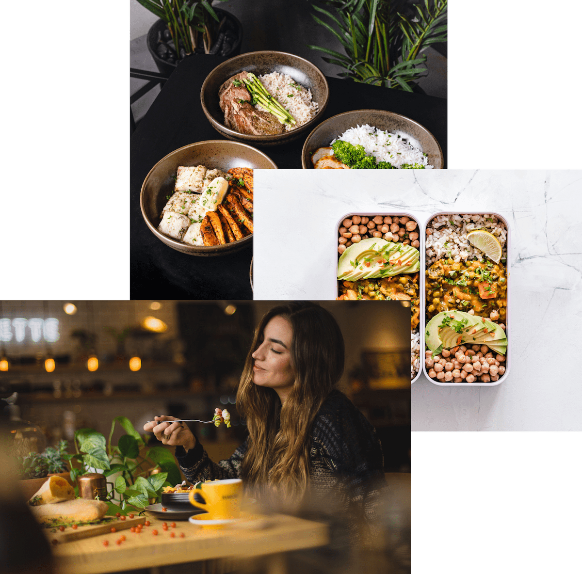 Woman enjoyin food,meals in storage
container and food bowls on a table